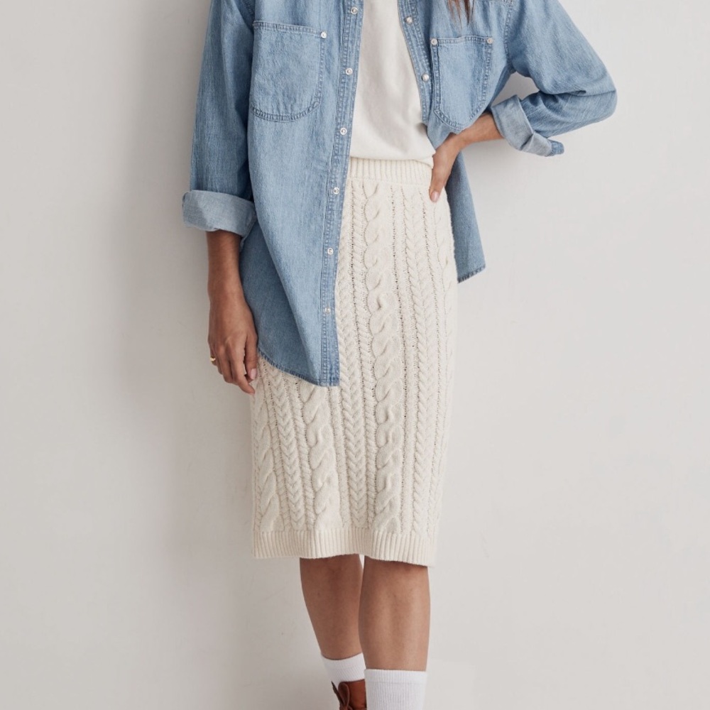 Madewell Cable-Knit Midi Sweater Skirt in Antique Cream